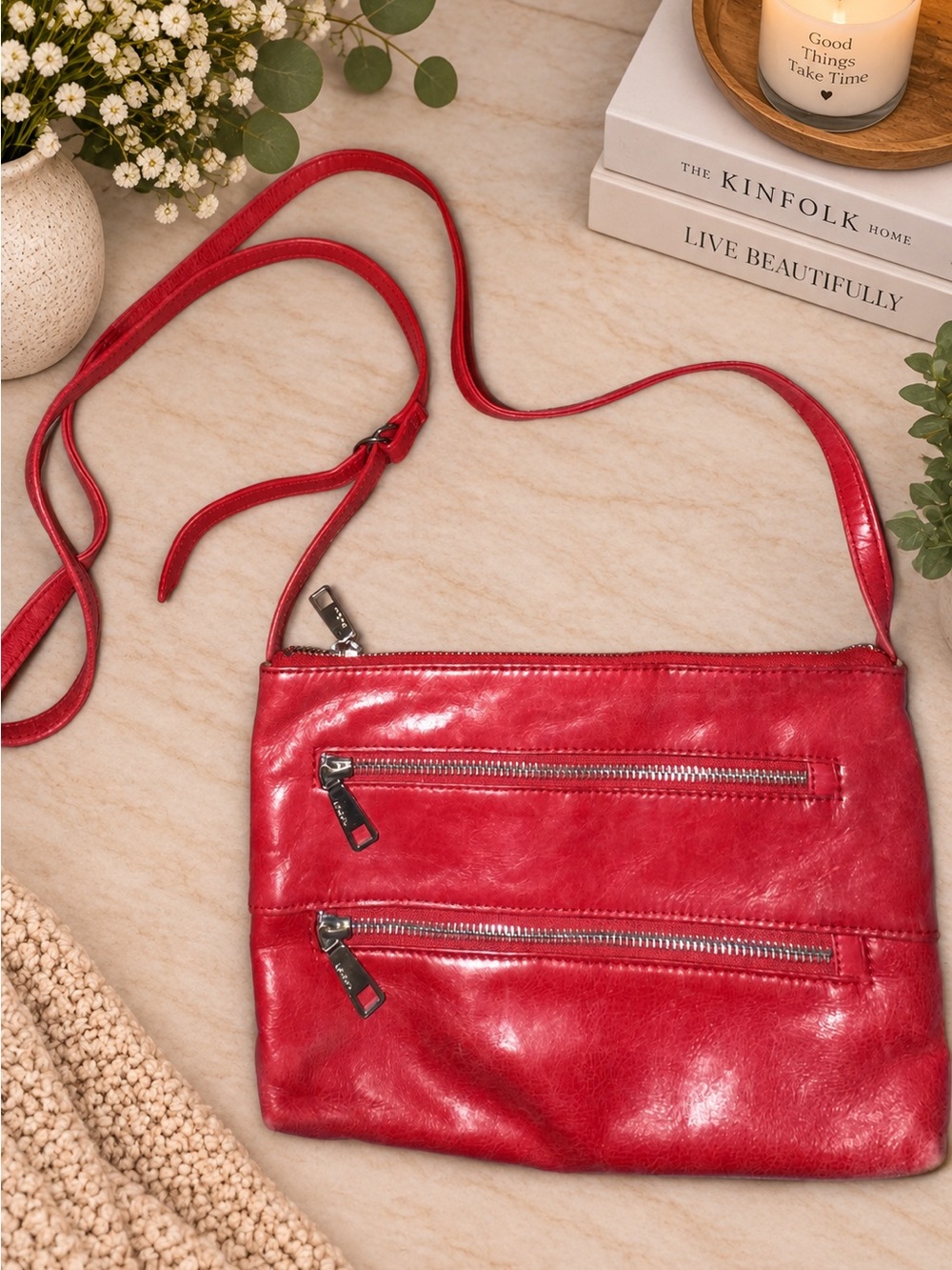 HOBO The Original Red Leather Crossbody Bag Double Zip Organizer